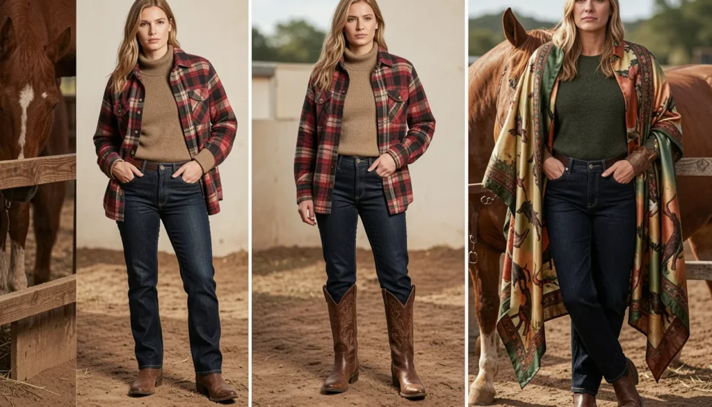 The Guide to Rodeo Outfit Ideas: Style, Comfort, and Tradition 9 Cozy rodeo outfit ideas with flannel layering and western boots.