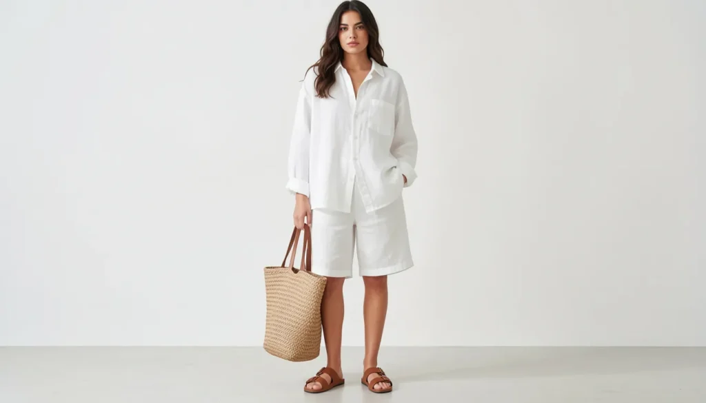 Baggy outfit ideas with oversized linen shirt and loose shorts for summer fashion