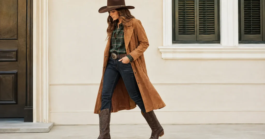 The Complete Guide to Perfecting the Outfit Vaquero Mujer 9 Outfit vaquero mujer with suede duster coat and autumn western layers