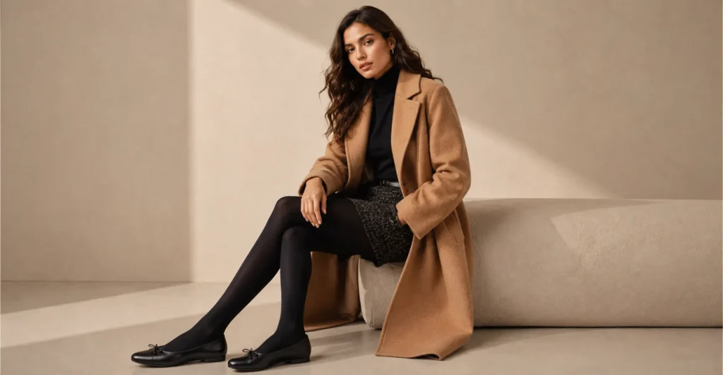Winter ballet pumps outfit with tights and wool coat