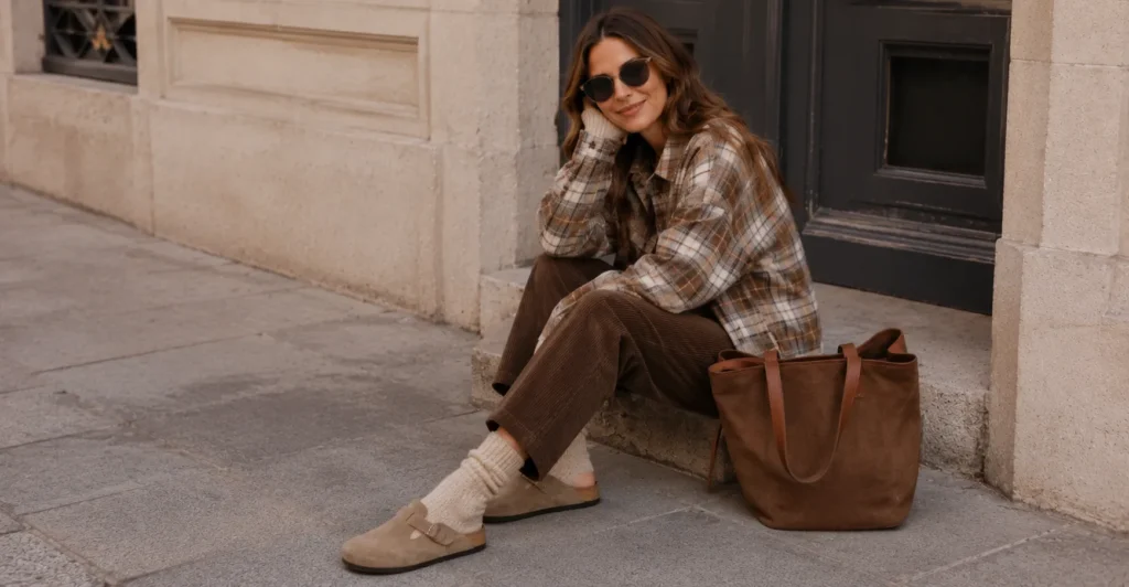 The Complete Guide to Styling a Birkenstock Clog Outfit for Every Season 9 Fall Birkenstock clog outfit with socks and corduroy trousers