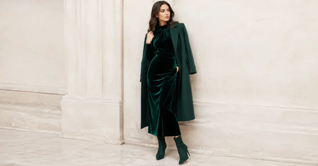The Guide to Crafting a Demure Winter Outfit: Elegance in the Cold 9 Elegant demure winter outfit with emerald velvet dress
