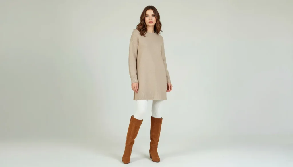 How to Build the Perfect White Tights Outfit: Styling Tips and Ideas 9 Cozy white tights outfit with sweater dress and knee-high boots