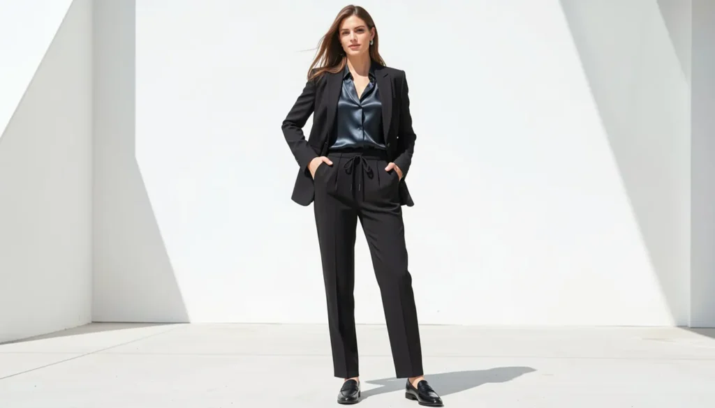 Drawstring pants for women styled in a smart casual office outfit with blazer and blouse.