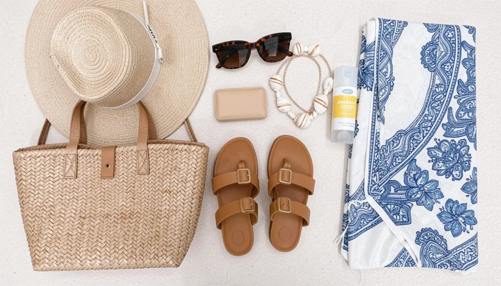 Swimwear outfit ideas accessories including hats, sunglasses, bags, and sandals.