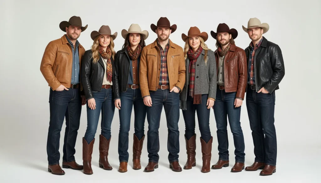 Posse outfit ideas featuring fall western fashion with suede jackets and cowboy boots.