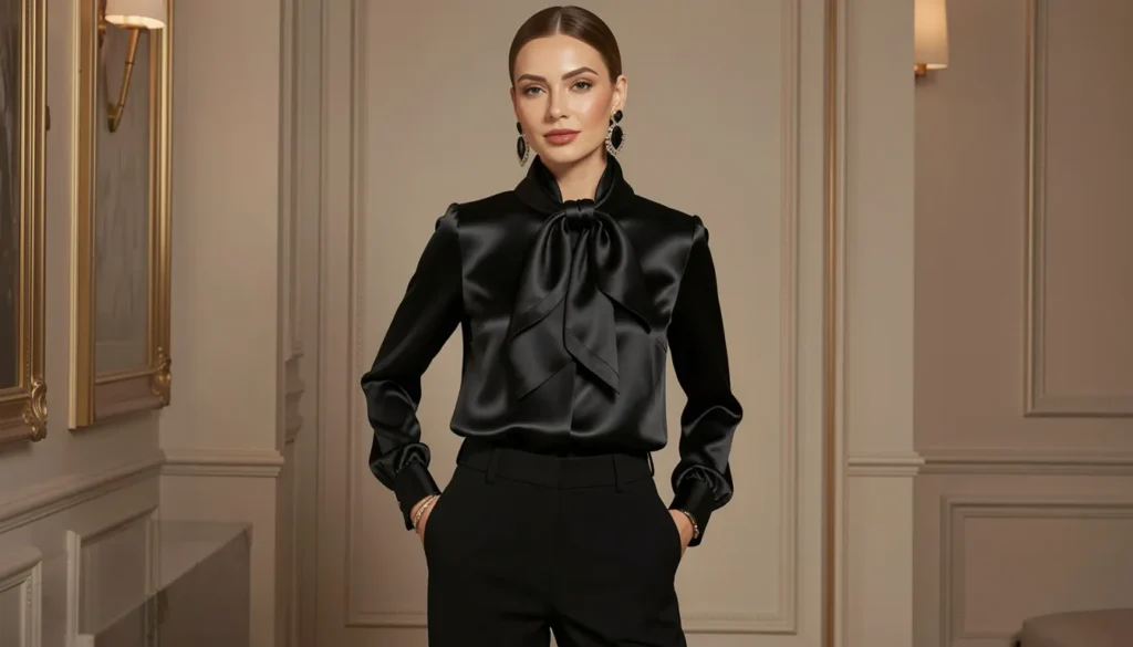 Black satin scarf tops clothing styled for an elegant evening outfit.
