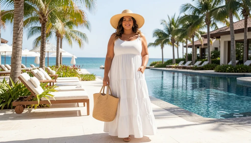 Plus size summer outfits featuring a tiered maxi dress and straw hat.