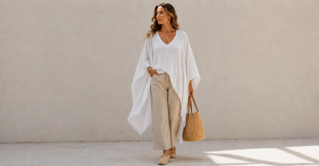 Summer poncho outfit inspiration with a linen poncho styled for a chic resort vacation look.