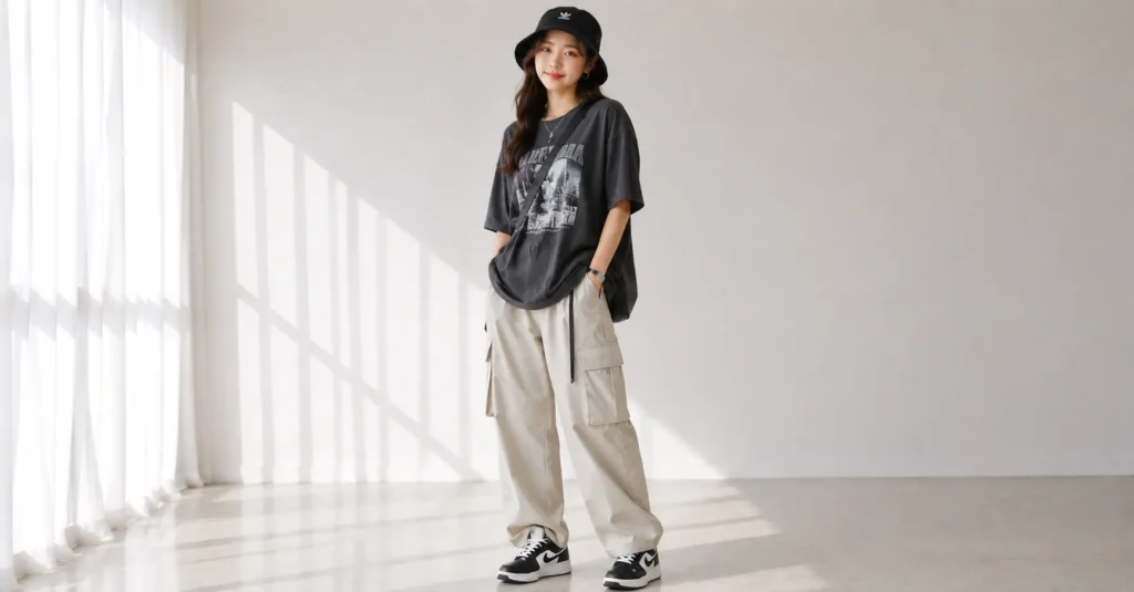 Casual Arirang concert outfit with bucket hat and oversized t-shirt