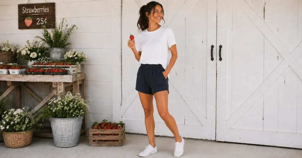 Sporty strawberry picking outfit with breathable shorts and sneakers for active farm visits.