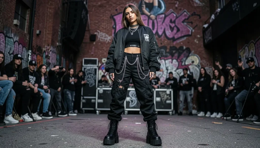 Female Don Toliver concert outfit with platform boots and black cargo streetwear styling.