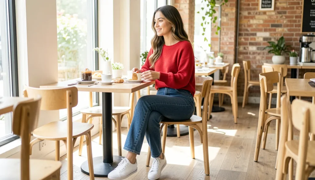 Why the Gwyneth Paltrow Red Blue Outfit Remains a Fashion Icon 10 Gwyneth Paltrow red blue outfit styled casually with red sweater and blue jeans.