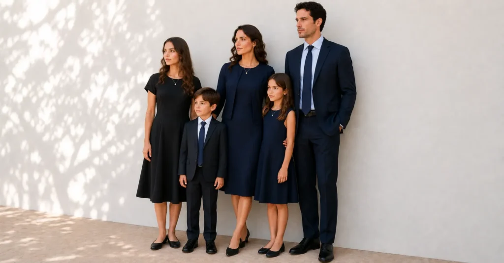How to Choose the Appropriate Summer Funeral Outfit 8 Summer funeral outfit ideas for families featuring coordinated navy and charcoal formal attire.
