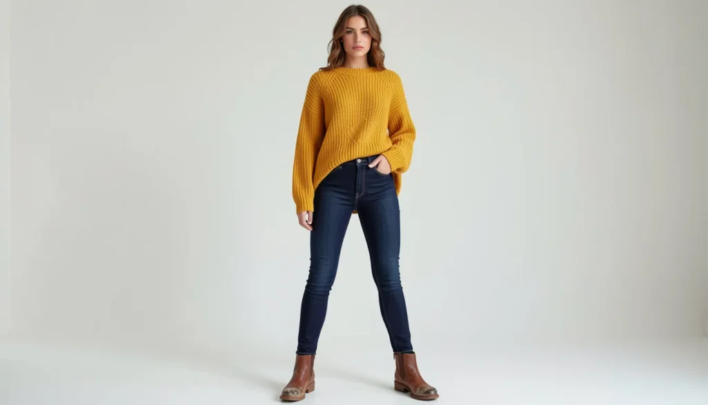 Master the Yellow Outfit: How to Style the Brightest Color 4 Mustard yellow outfit with knit sweater and jeans for cozy autumn fashion