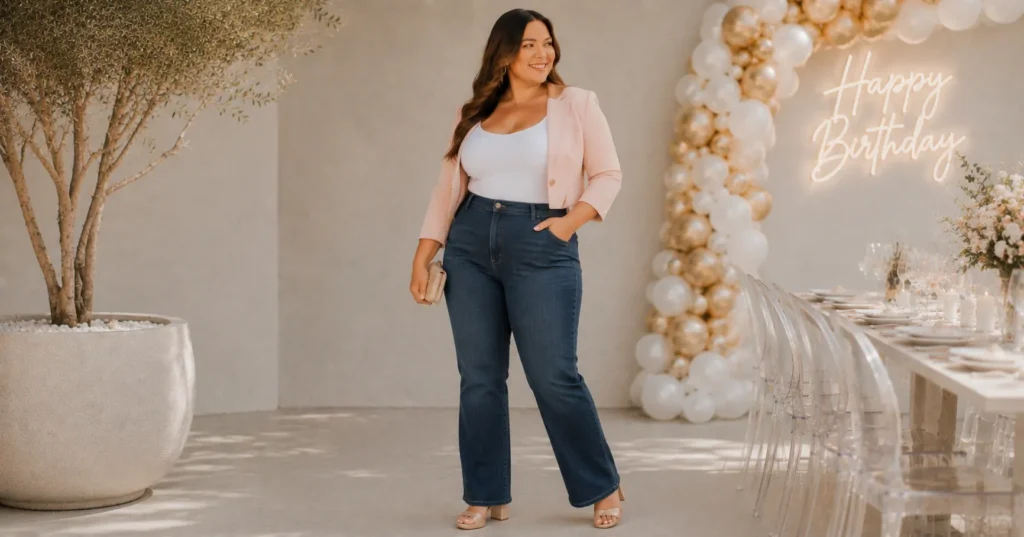 Stunning Curvy Plus Size Birthday Outfit Ideas for Your Day 10 Curvy plus size birthday outfit ideas with stylish jeans and a fitted bodysuit
