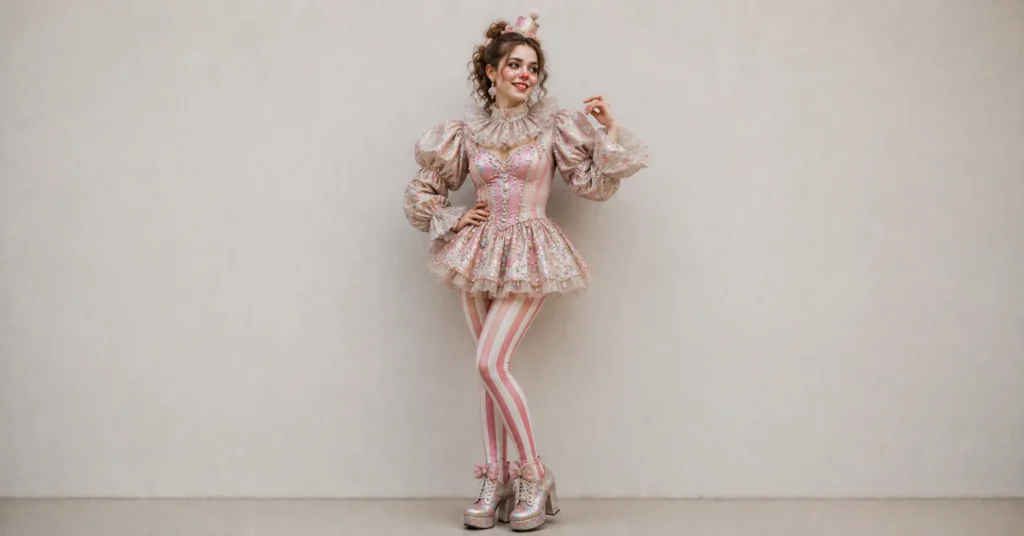 Glamorous circus performer outfit with sparkling details for clown outfit ideas inspiration.