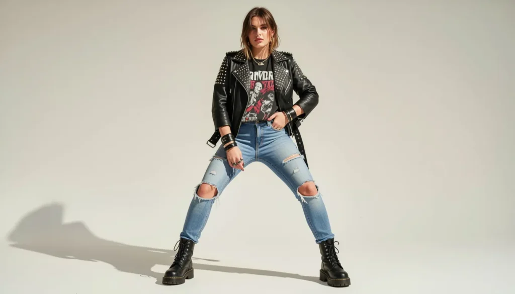 Punk rock emo concert outfit with ripped jeans and leather jacket for emo outfit ideas inspiration.