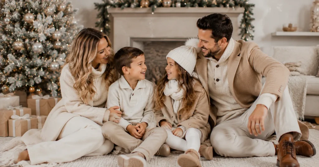Casual family christmas outfit ideas with denim jeans and cozy festive sweaters.