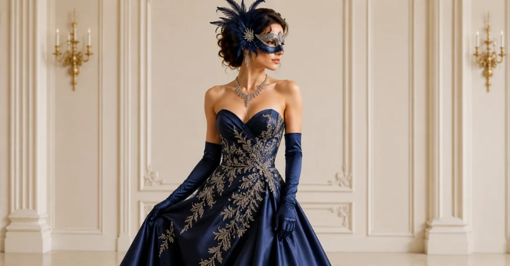 Masked ball outfit ideas with dramatic feathered masquerade masks and elegant formal gowns.
