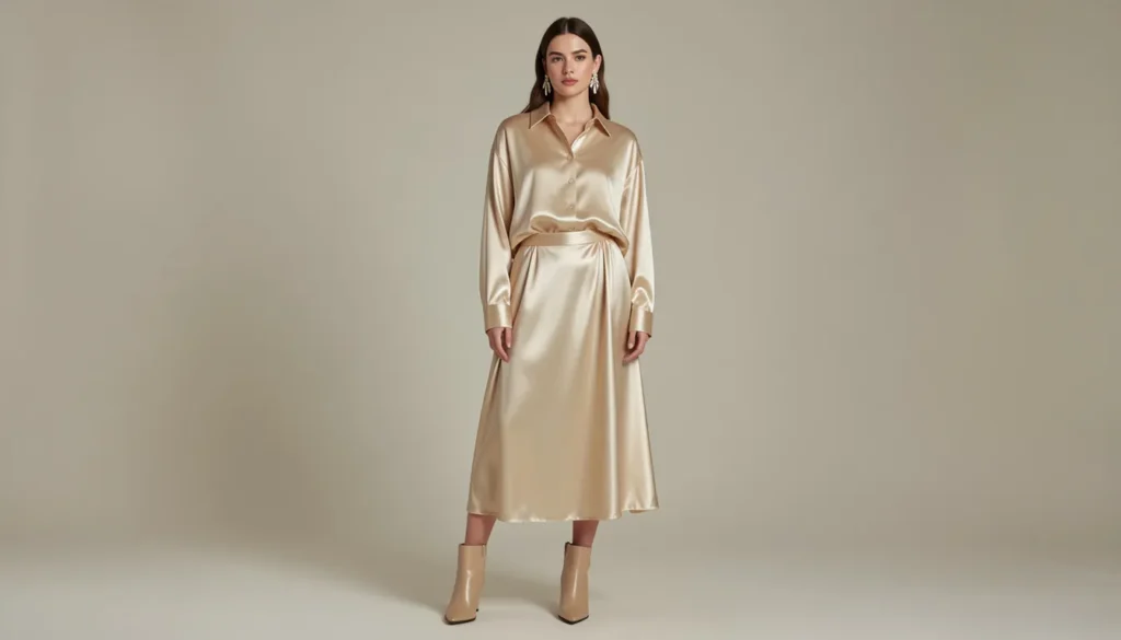Baggy outfit ideas with oversized satin shirt and midi skirt for date night