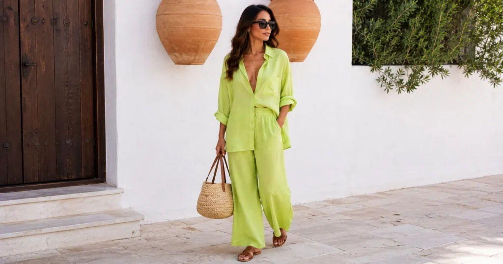 The Complete Guide to Green Outfit Ideas: Style Tips for Every Shade 9 Green outfit ideas with lime green linen set for summer fashion