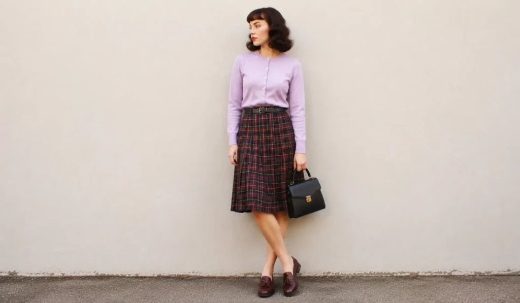 Twin Peaks outfit inspired retro Americana plaid skirt and cardigan fashion