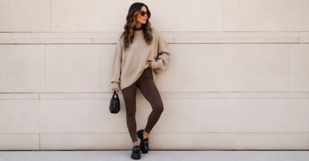 The Complete Guide to Building a Stylish Brown Leggings Outfit 3 Trendy brown leggings outfit with chunky loafers and oversized sweater