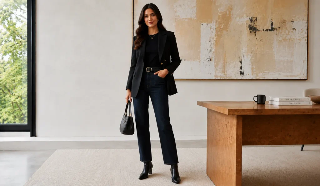 The Complete Guide to Perfect Casual Friday Outfits for the Office 11 Desk to dinner casual Friday outfit with blazer and ankle boots