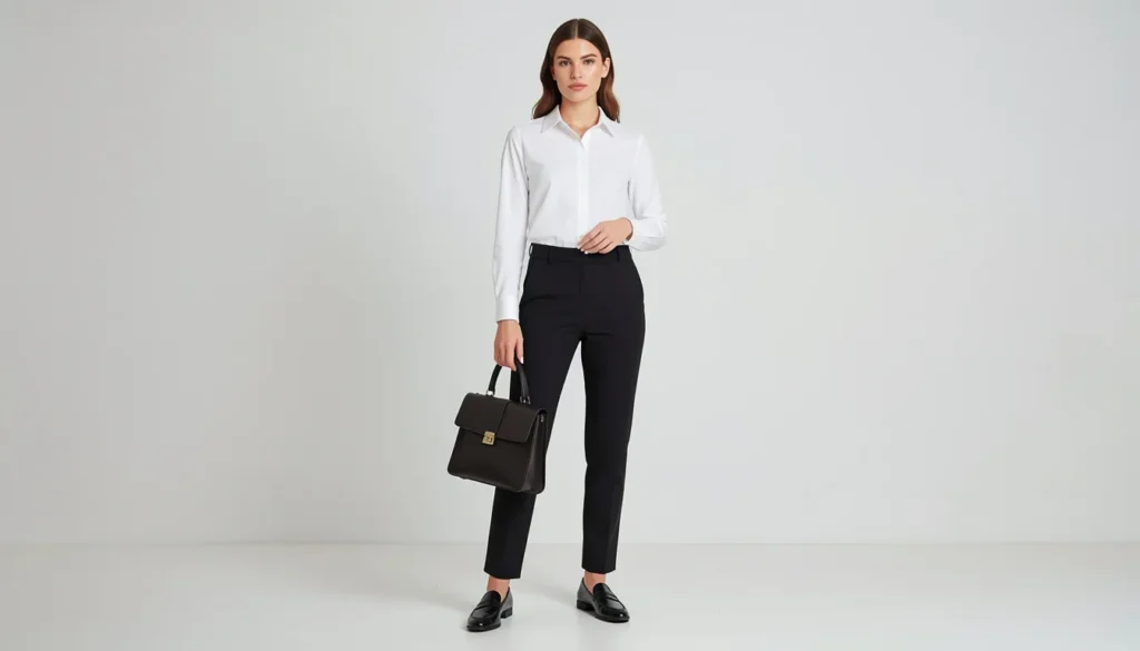 Cool outfits featuring minimalist fashion with a white shirt and tailored trousers.