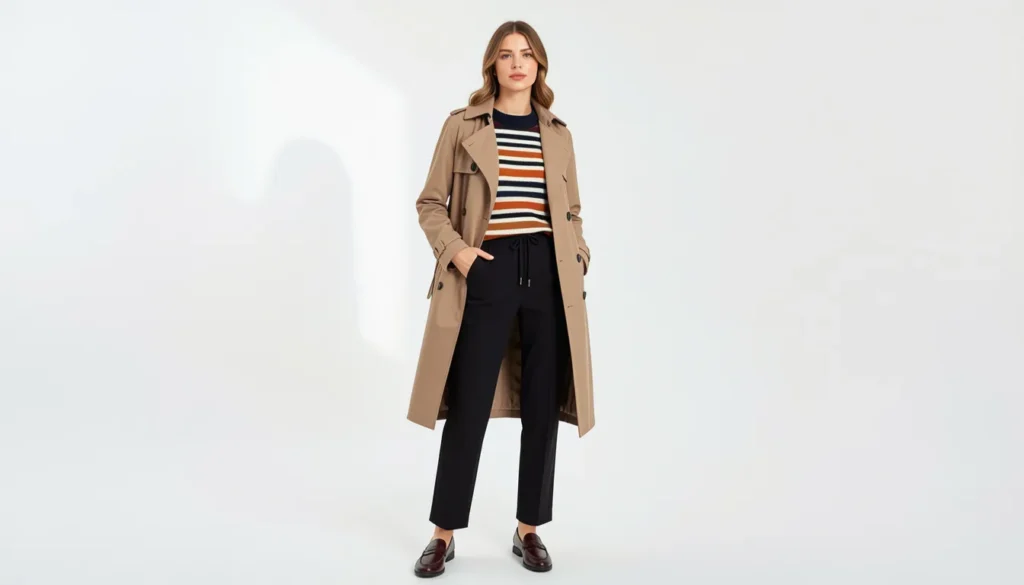 Drawstring pants for women styled with a sweater and trench coat for fall fashion.