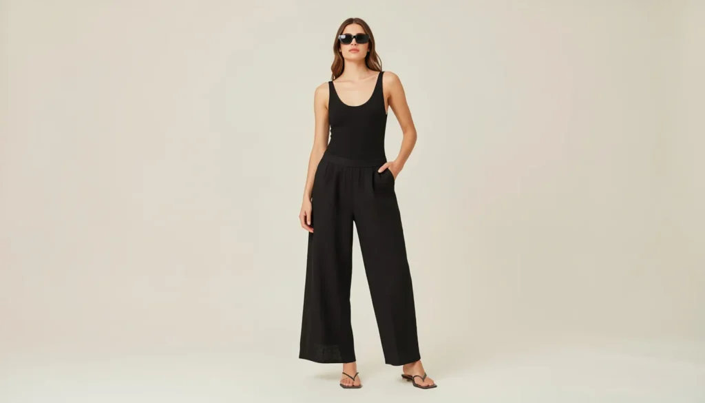 Swimwear outfit ideas featuring minimalist black swimsuit and linen pants styling.