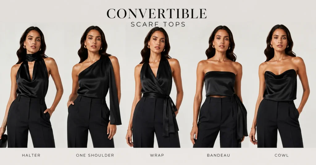 Convertible scarf tops clothing shown in multiple fashionable styling variations.