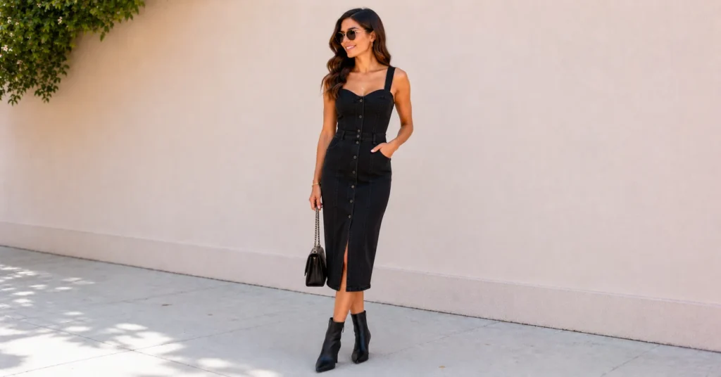 Denim dresses and outfit idea featuring a sleek black denim dress for evening wear.