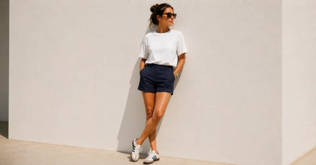 Masc summer fits inspired women’s outfit with boxy white t-shirt and chino shorts.