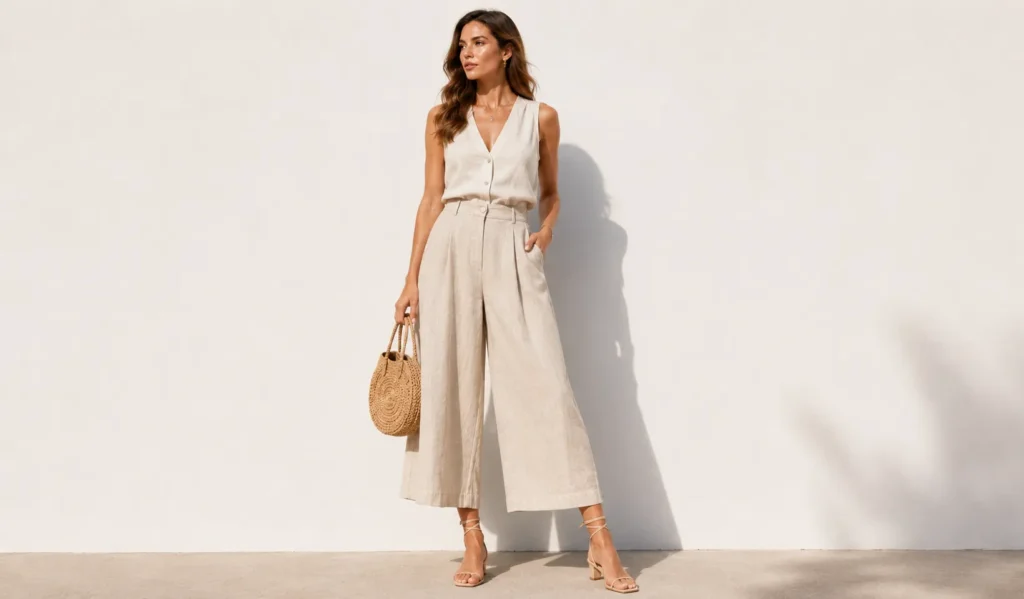 Culotte Pants Trends 2026: The Complete Style Guide 6 Flowy linen culotte pants trends 2026 summer vacation fashion look.
