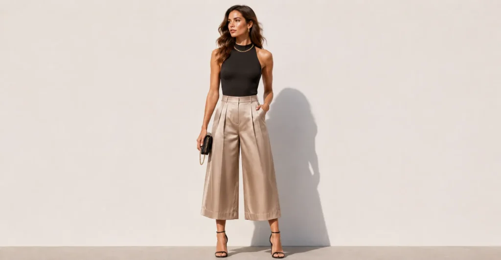 Culotte Pants Trends 2026: The Complete Style Guide 7 Elegant satin culotte pants trends 2026 evening outfit inspiration.