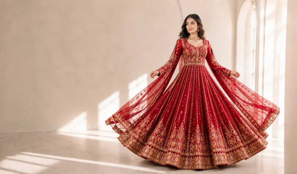 Anarkali style red wedding frock with pleated skirt and royal embroidery