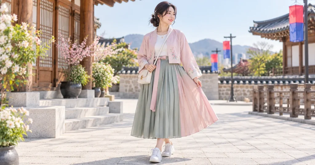 Arirang Concert Outfit featuring a pastel modern hanbok wrap jacket, pleated skirt, sneakers, and delicate accessories.
