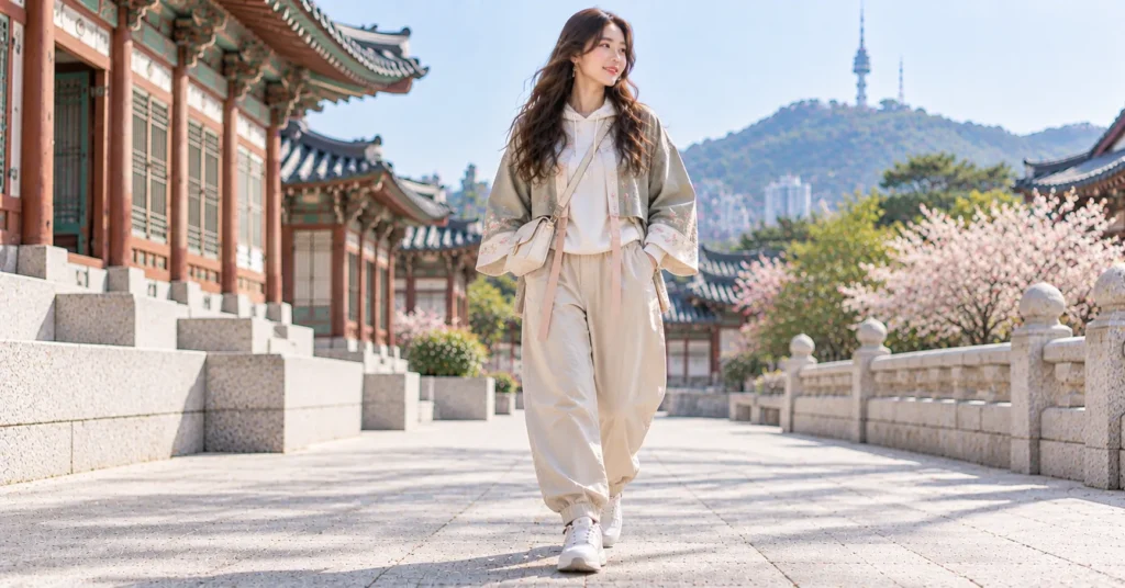Arirang Concert Outfit blending a modern hanbok-inspired jacket with a hoodie, joggers, trainers, and a crossbody bag.