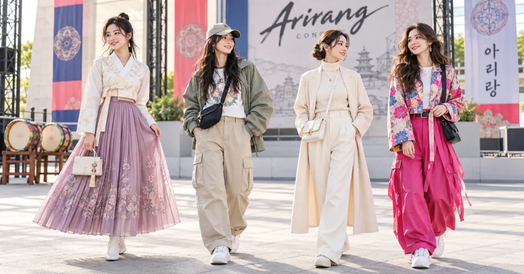 Arirang Concert Outfit featuring a pastel modern hanbok wrap jacket, pleated skirt, sneakers, and delicate accessories.