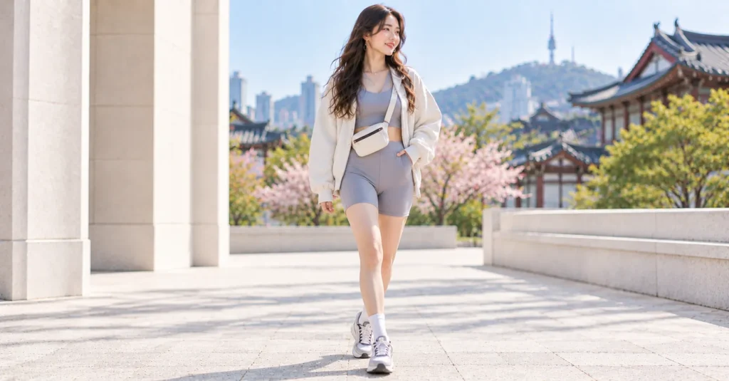 Arirang Concert Outfit featuring a coordinated sporty set, oversized zip-up jacket, running sneakers, and belt bag.