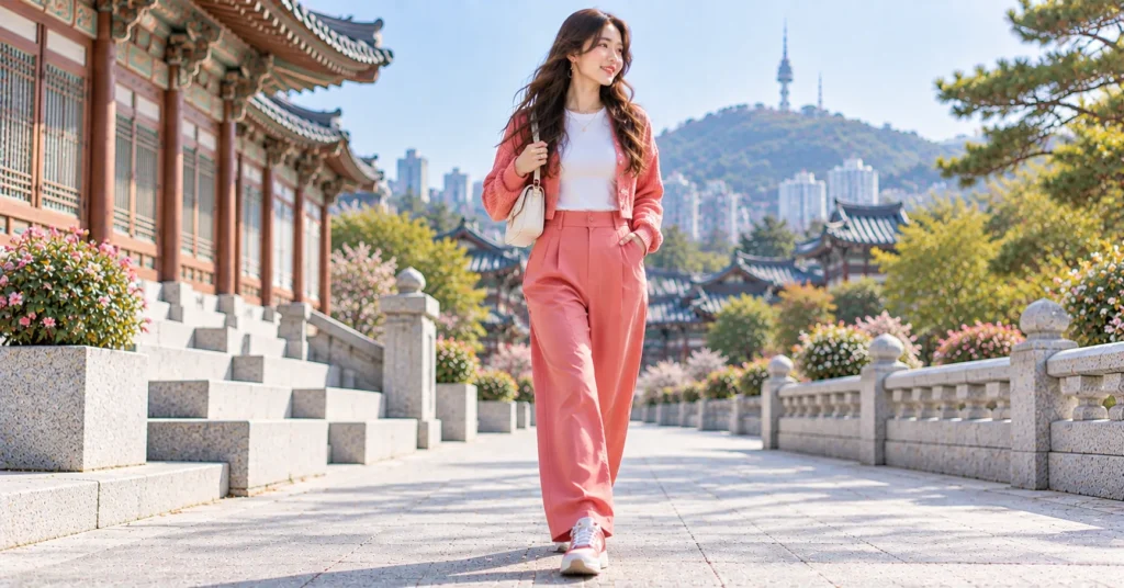 Arirang Concert Outfit featuring bright wide-leg trousers, a white tee, cropped cardigan, colorful sneakers, and jewelry.