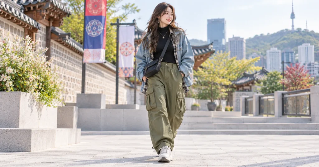 Arirang Concert Outfit featuring Korean streetwear with olive cargo pants, layered jackets, sneakers, and a crossbody bag.