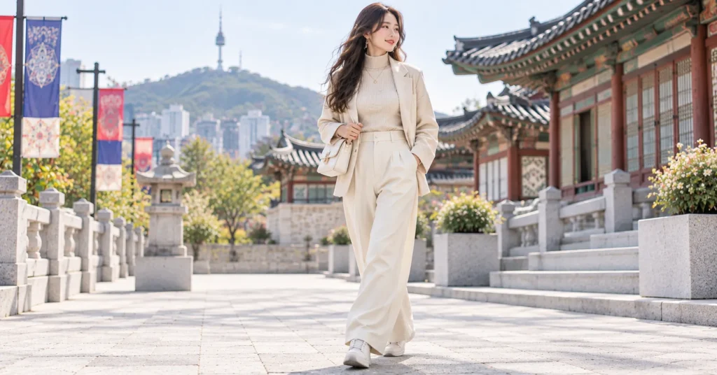 Arirang Concert Outfit featuring an elegant monochrome cream look with tailored trousers, knitwear, sneakers, and a structured bag.