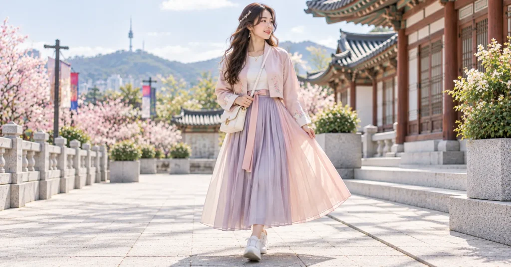 Arirang Concert Outfit featuring a pastel modern hanbok wrap jacket, pleated midi skirt, white top, and canvas sneakers.