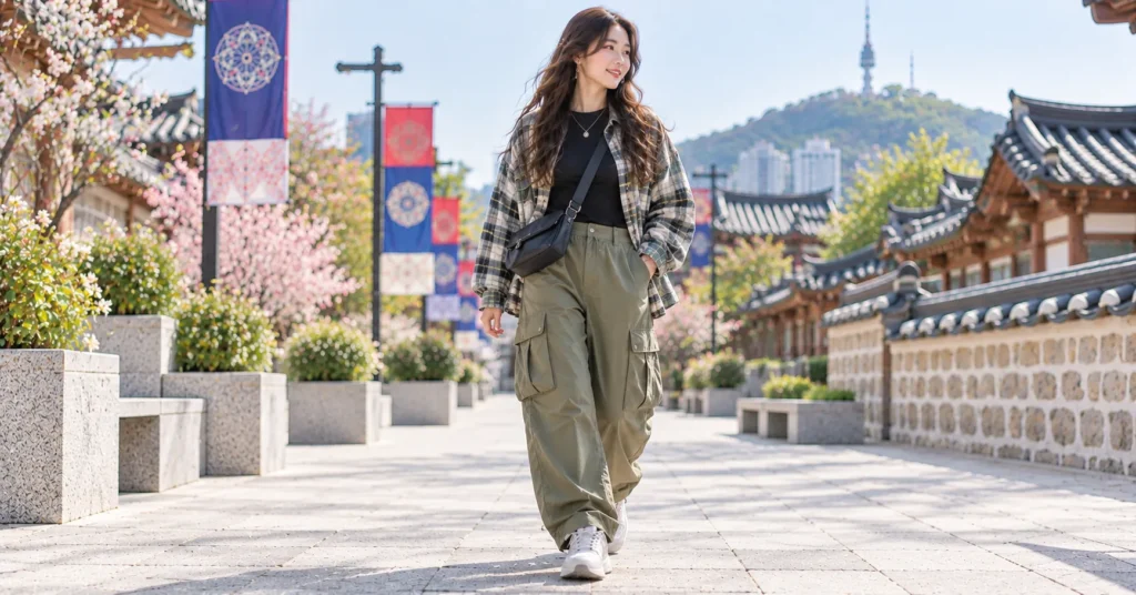 Arirang Concert Outfit with olive cargo pants, a black top, oversized plaid layer, chunky sneakers, and a crossbody bag.