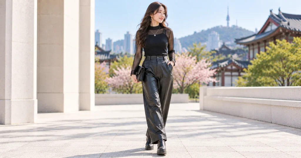Arirang Concert Outfit featuring a sleek black leather-trouser look with a long-sleeve top, platform boots, and silver jewelry.