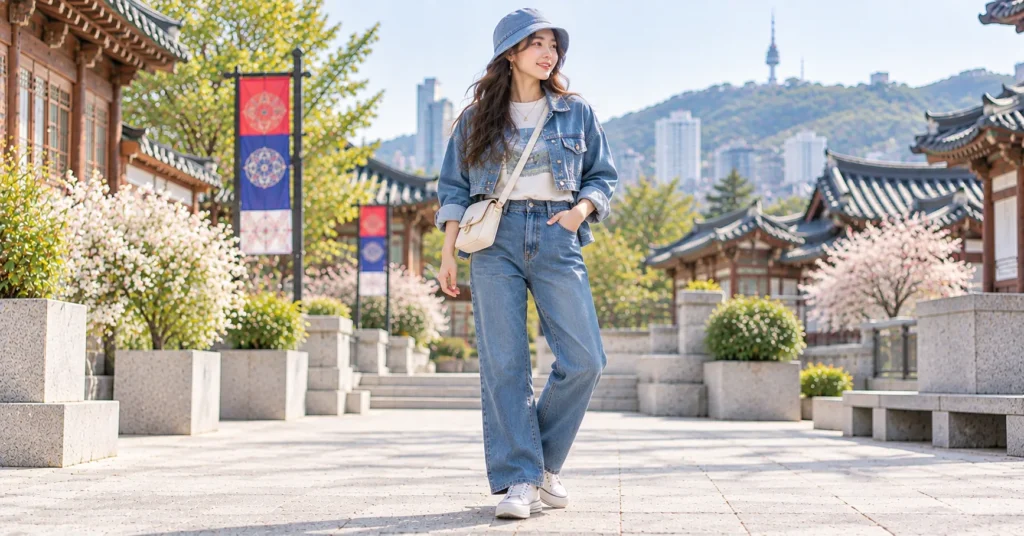 Arirang Concert Outfit featuring straight-leg denim jeans, a denim jacket, graphic tee, sneakers, and bucket hat.