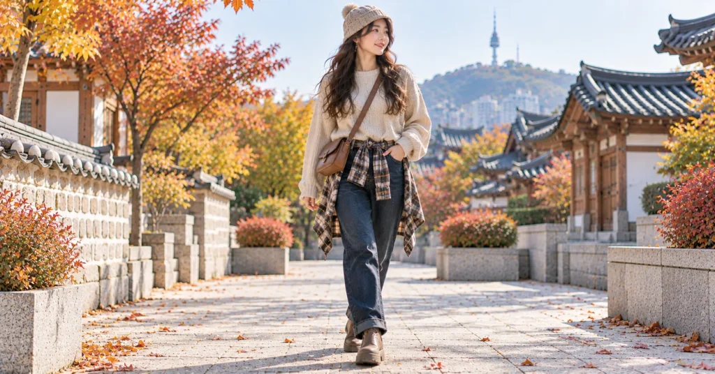Arirang Concert Outfit featuring an oversized knit sweater, dark denim, plaid shirt, chunky boots, and a beanie.